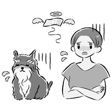 Bir köpek ve bir insanın el çizimi, rahat ve sevimli bir tasviri. Kaba ve şık bir izlenim. Vektör illüstrasyonu.