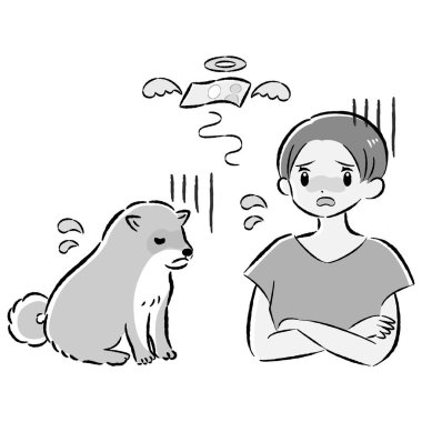 Bir köpek ve bir insanın el çizimi, rahat ve sevimli bir tasviri. Kaba ve şık bir izlenim. Vektör illüstrasyonu.