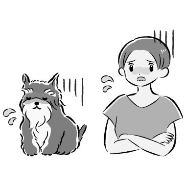 Bir köpek ve bir insanın el çizimi, rahat ve sevimli bir tasviri. Kaba ve şık bir izlenim. Vektör illüstrasyonu.