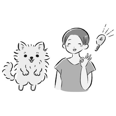 Bir köpek ve bir insanın el çizimi, rahat ve sevimli bir tasviri. Kaba ve şık bir izlenim. Vektör illüstrasyonu.