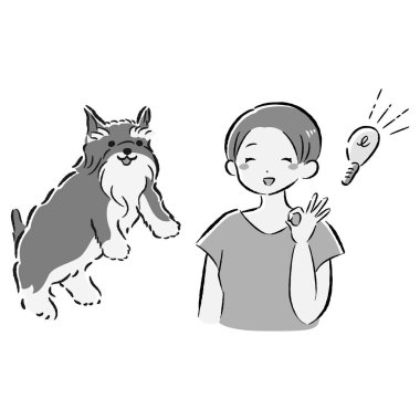 Bir köpek ve bir insanın el çizimi, rahat ve sevimli bir tasviri. Kaba ve şık bir izlenim. Vektör illüstrasyonu.