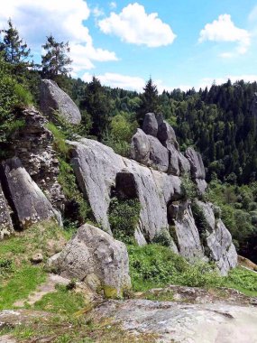 Kaya istihkamları, kaya kalesi Tustan şehri. Urych, Lviv bölgesi, Ukrayna.