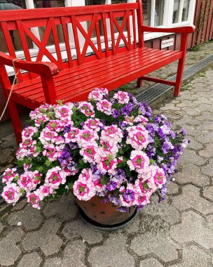 Kırmızı bir bankın arkasında bir buket çiçek.