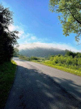 Ön planda asfalt yol görünür, arka planda sis görünür.