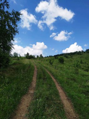 Toprak yol bulutların altındaki yeşil çimenler arasında görülebilir.