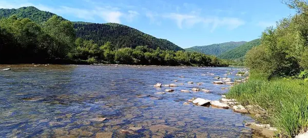 Nehir ve dağlarla Karpat manzarasını görüntüle