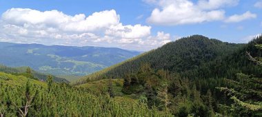 Yazın Karpatlar 'ın zirvelerinin manzarası