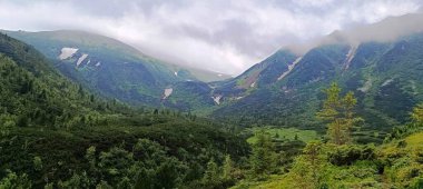 Bulutların altındaki yeşil dağ zirveleri