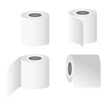Gerçekçi tuvalet kağıdı. Mutfak kağıdı silindiri, yalıtımlı duvar, hijyen makarası, ofis kağıdı rulosu. Vektör seti. Vektör çizici