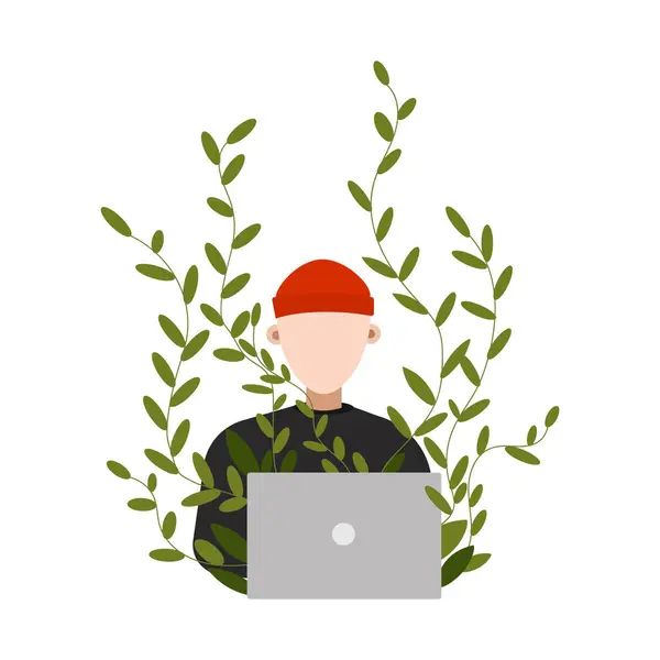 Ev vektörü düz stil illüstrasyonunda çalış. Çevrimiçi kariyer. Ortak çalışma alanı çizimi. Genç serbest çalışanlar üzerinde çalışıyor. Evde çalışan adam dizüstü bilgisayar kullanıyor ve oturuyor.