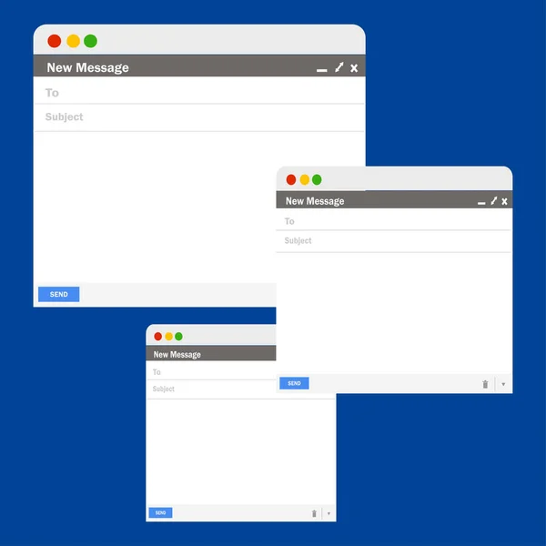 Farklı aygıtlar için e- posta arayüzü. Cep telefonu, tablet ve bilgisayar için posta penceresi, izole edilmiş internet mesajı çerçevesi, boş e-posta. Modern düz biçim vektör illüstrasyonu.