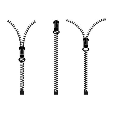 Fermuarlar. Kapalı ve fermuarlı fermuar seti. Giysiler için toka. Vektör illüstrasyonu.