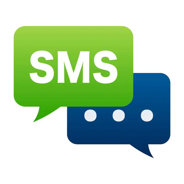 Üzerinde Sms yazan mavi ve yeşil kelime kabarcıkları. Mobil posta pazarlama, e-ticaret, internet reklamcılığı ve tanıtım. vektör illüstrasyonu