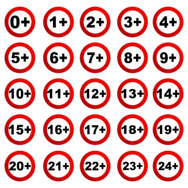 Yaş sınırlaması belirtileri. Yaş sınırı 0 ile 24 arasında. Vektör simgeleri