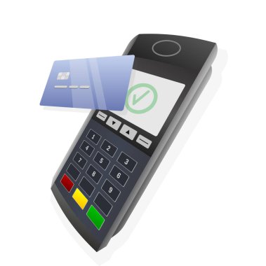 Banka kartı vektör resimli gerçekçi POS terminali. Ekranında kene olan bir terminal. Vektör illüstrasyonu