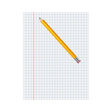 Beyaz arka planda hücre içinde boş bir sayfa. Kalem. Vektör illüstrasyonu