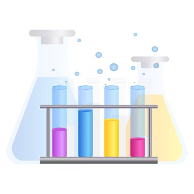 Laboratuvar ekipmanları. Çözümlü ve reaksiyonlu test tüpleri. Kimyasal reaksiyon. Vektör illüstrasyonu