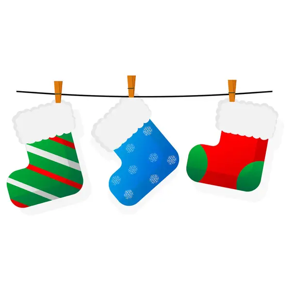 Noel çorapları. İpte sallanan farklı Noel çorapları. Vektör illüstrasyonu