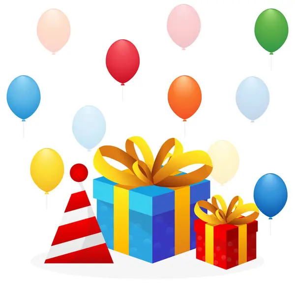 Doğum günü süslemeleri. Bir hediye ve bir şapka. Konfetili krakerler. Bir sürü balon. Vektör illüstrasyonu