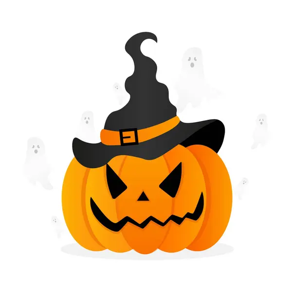 Cadılar bayramı için balkabağı. Uçan hayaletlerle gülümseyen cadı şapkalı balkabağı. Vektör illüstrasyonu