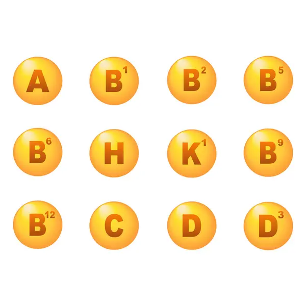 Çoklu vitamin kompleksi simgeleri. Multivitamin takviyesi. A vitamini, B grubu B1, B2, B3, B5, B6, B9, B12, C, D, D3, K1. Temel vitamin kompleksi. Vektör illüstrasyonu