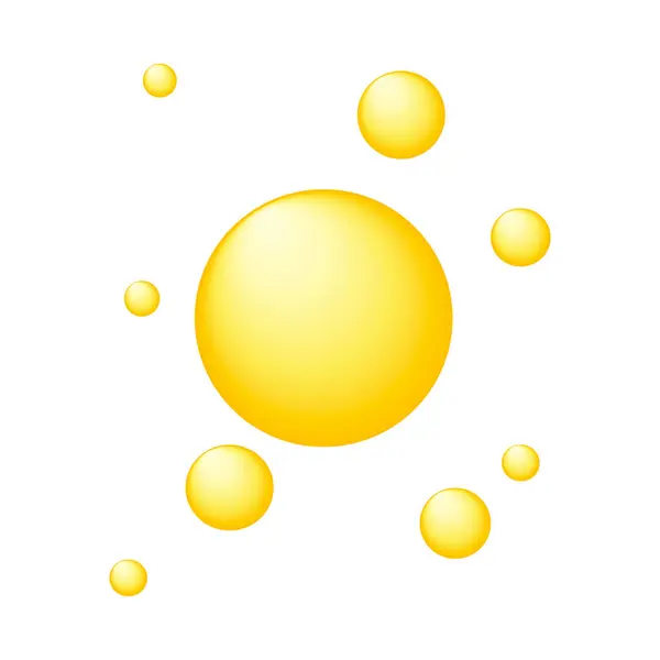 Altın, sarı yağ damlaları, vitamin kabarcıkları, altın kolajen. Vektör illüstrasyonu.