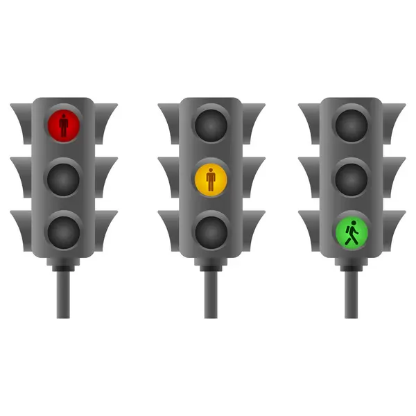 Yaya geçidi için kırmızı, sarı ve yeşil ışıklı trafik ışıkları. Vektör illüstrasyonu