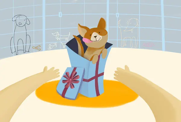 Pet shelter flat illustration with the puppy in the present box. The hands of the man reach for the happy puppy.