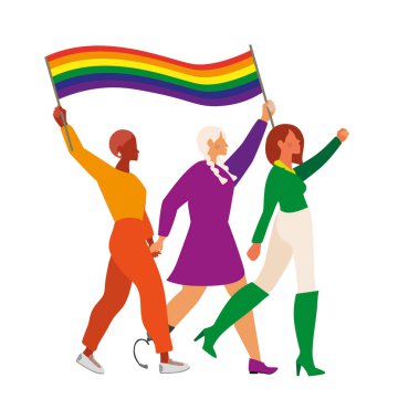 Multicolor-skinned girls on a white background. Woman with a prosthetic leg. Illustration for International Mother's Day, Women's Day, LGBT parade, or International Day of Persons with Disabilities. clipart