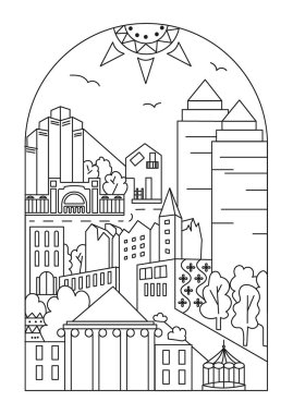Gökdelenler, kuleler, parklar, ağaçlar, bir nehir, bulutlar ve bir kilise ile şehir peyzaj çizgisi çizimi. Mimarlık kompozisyonu. Tasarımlarınız, paketleriniz ve kartpostallarınız için düz resimler.