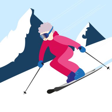 Yaşlı kadın kayak yapıyor. Yaşlı kadın kış aktivitesi. Yaşlı kadın sağlıklı yaşam tarzı. Emekli büyükanne taşınıyor. Spor pansiyoneri eğlencesi. Dağ manzarası. Kıdemli Temsilci