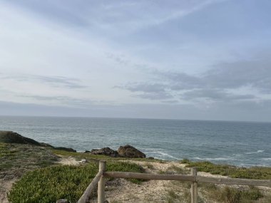 Arka planda bulutlu bir gökyüzü olan güzel bir sahilin dikey görüntüsü.