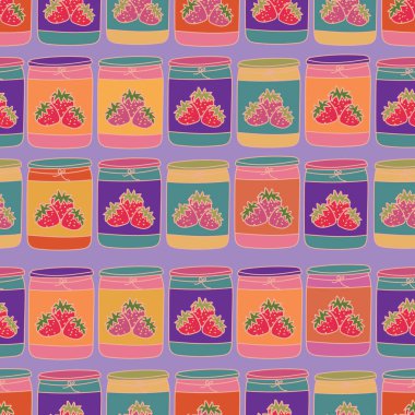 vektör el çizimi çilek reçeli kavanozları ambalaj kağıdı, davetiyeler, yüksek çay, kağıt tabaklar, peçeteler, kırtasiye, duvar kağıdı, projeler, kumaş, önlükler, mutfak giysileri, çay, doğum günleri için mükemmel.