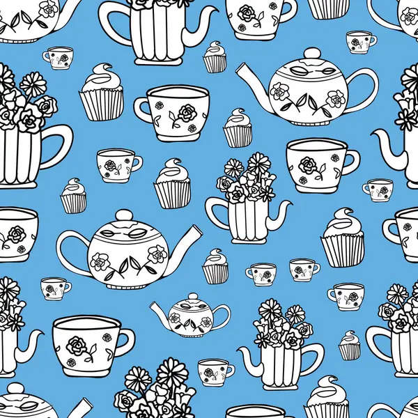 vector hand drawn garden tea party elements seamless pattern perfect for wrapping paper, invitations, high tea, paper plates, napkins, stationary, wallpaper, projects, fabric, aprons, kitchen apparel, kitchen tea events, birthdays and more!
