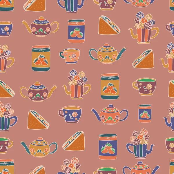 vector hand drawn garden tea party elements seamless pattern perfect for wrapping paper, invitations, high tea, paper plates, napkins, stationary, wallpaper, projects, fabric, aprons, kitchen apparel, kitchen tea events, birthdays and more!