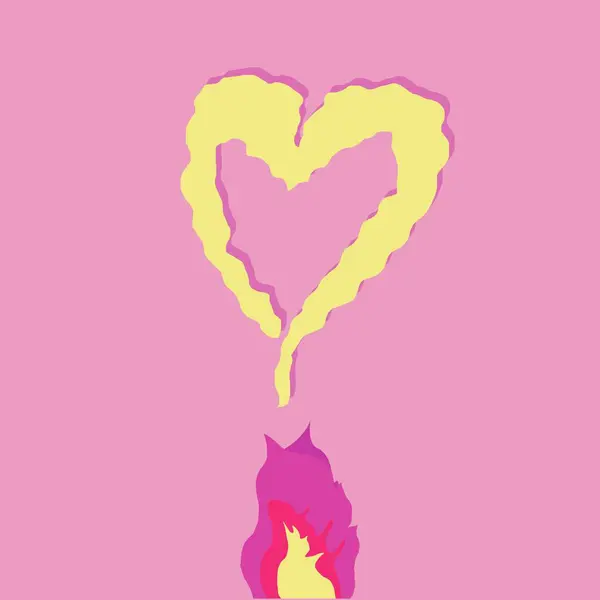 Pembe ateş ve dumanlı kalp. Görüntü pembe ve sarı tonlarda romantik bir illüstrasyondur. Pembe bir ateş, dumandan bir kalp yaratır.