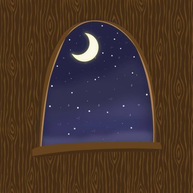 C şeklinde bir ayın görüldüğü gece gökyüzü manzaralı bir pencere.