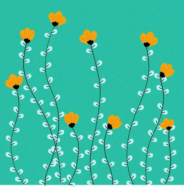 Görüntü, yeşil zemin üzerinde turuncu çiçeklerden oluşuyor, açık yeşil yaprakları var.