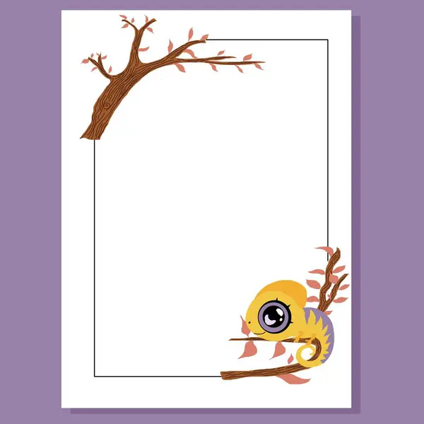 Ağaç köşelerinde canlı sonbahar yapraklarının arasına yerleştirilmiş şirin bebek bukalemunların olduğu dikey kart. Tuhaf ve sevimli tasarım. Çocuk projeleri ve selamlar için mükemmel.