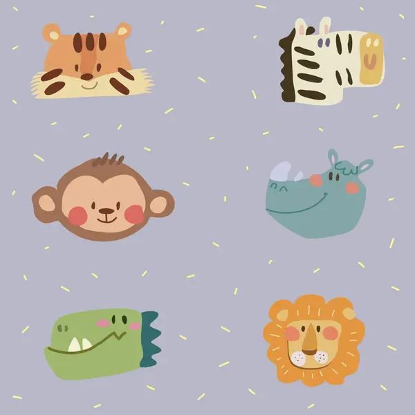 Kaplanın, zebranın, maymunun, su aygırının, timsahın ve aslanın yüzlerinin oyuncu ve çocuksu bir şekilde çizildiği büyüleyici ve hoş çizgi film çizimleri. Çocuk kitapları, eğitim malzemeleri ve çocuk odası dekorasyonu için mükemmel.