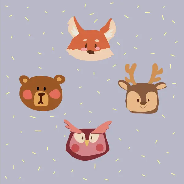 Sevimli ve oyuncu çizgi film çizimleri ayı, tilki, ren geyiği ve baykuşun sevimli, çocuksu bir tarzı var. Çocuk kitapları, çocuk dekorasyonu ve eğitim malzemeleri için mükemmel.