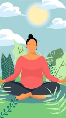 Woman Meditating Outdoors Surrounded by Plants in Gentle Wind. Animation 2D