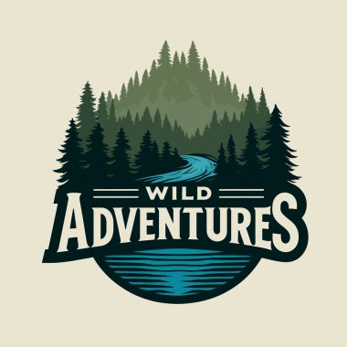 vektör illüstrasyonu, baskı ve tişört, rozet, amblem veya pul için macera logosu tasarımı orman ağaçları, orman ağaçları, dağlar ve göl