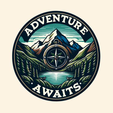 Macera vintage etiketi, amblem, rozet ya da ağaçlı logo tasarımı. vektör illüstrasyonu.