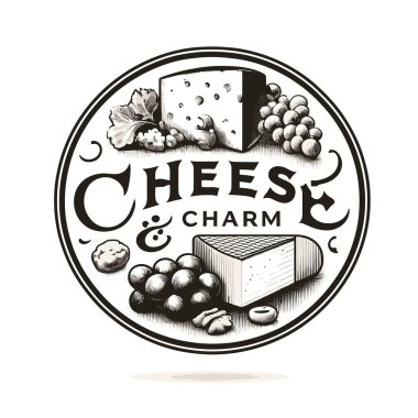 Poster veya el ilanı tasarımı için peynir, üzüm ve bir bardak süt etiketli klasik bir arkaplan çizimi.