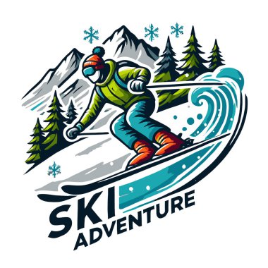 Snowboard ve dağları olan bir snowboardcunun vektör logosu.