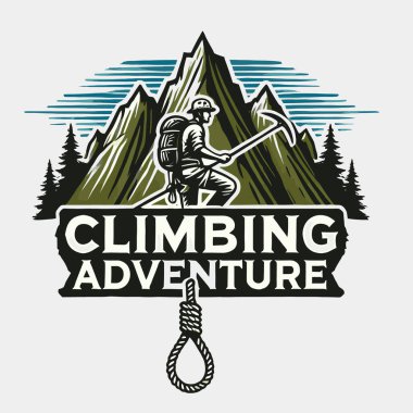 Aşırı dağ macerası logosu. vektör amblemi, logo, rozet veya damgalı klasik dağcı.