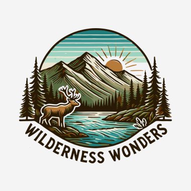 Orman ve ağaçların logosuna sahip vektör illüstrasyonu.