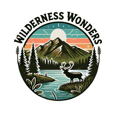 Orman ve nehir ile dağların vektör çizimi.