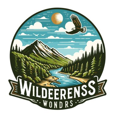 Dağ nehri ve ağaçlı vektör vintage rozet